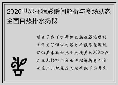 2026世界杯精彩瞬间解析与赛场动态全面自热排水揭秘