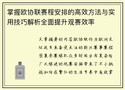 掌握欧协联赛程安排的高效方法与实用技巧解析全面提升观赛效率